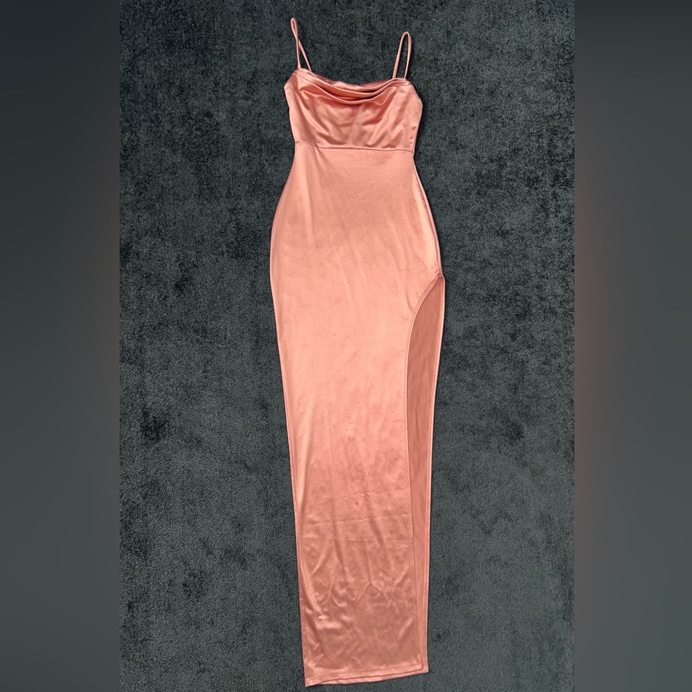 Rose gold high slit satin dress in size small